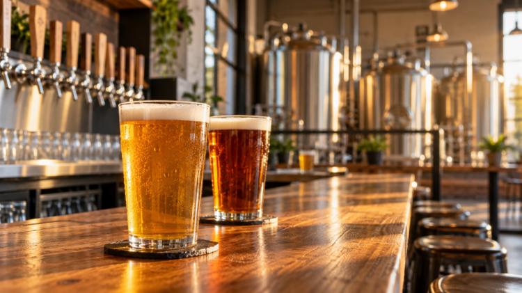 Pints of pale ale and amber beer on a wooden counter in a taproom, with steel brewing tanks behind