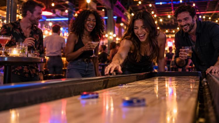 A group of friends laughing over a game of shuffleboard in a bar with neon lighting and cocktails on a high table