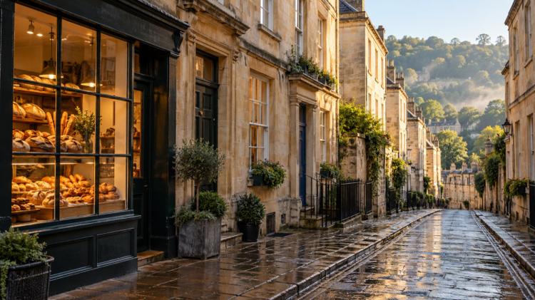 A bakery window glowing with loaves on a Bath stone Georgian street on a wet morning, with green hills at the end of the road