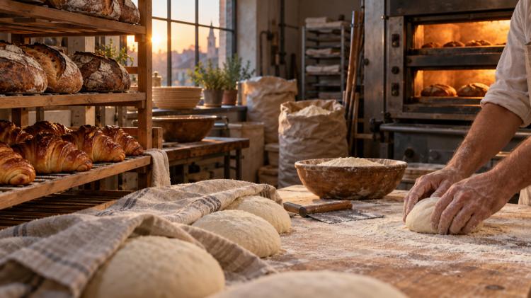 Sourdough loaves and croissants cooling on wooden racks in a working bakery, with a baker shaping dough on a floured bench