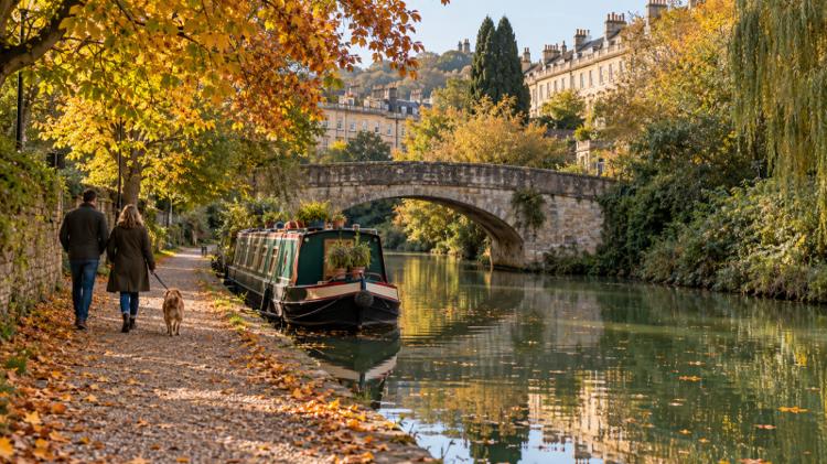 A couple walking a dog on the canal towpath in Bath beside a narrowboat and a stone bridge in autumn