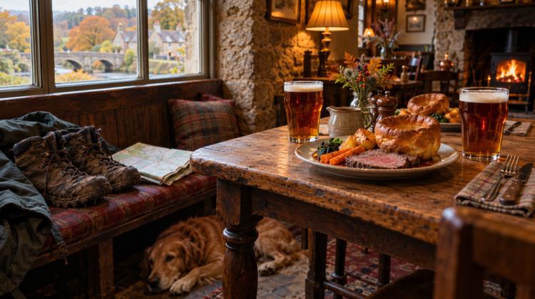 A pub table with two pints and a roast dinner, muddy walking boots on the bench and a dog asleep underneath