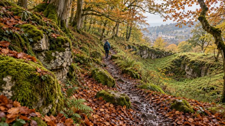 A muddy footpath through autumn woodland and old quarry hollows on the hills above Bath