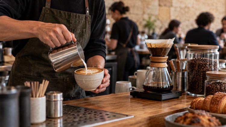 A barista pouring a flat white at a wooden counter in a Bath stone coffee shop, with a pour-over brewer and glass jars of beans