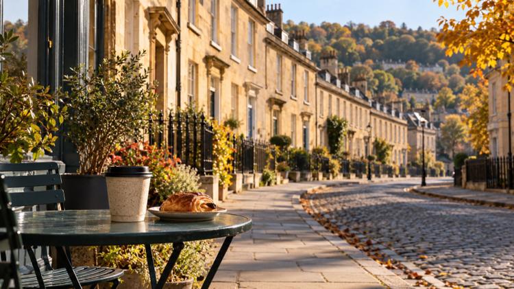 A takeaway coffee cup on a small table outside a café in a terrace of honey-coloured Georgian stone houses