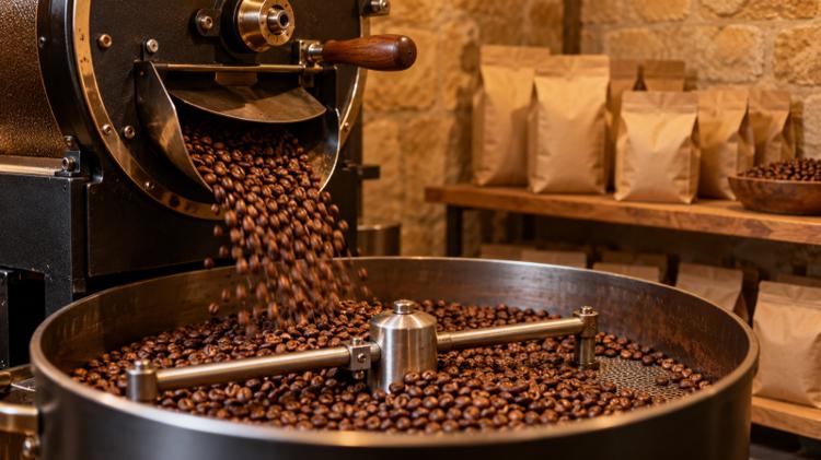 Freshly roasted coffee beans tumbling into the cooling tray of a small drum roaster, with paper bags of beans on a shelf behind