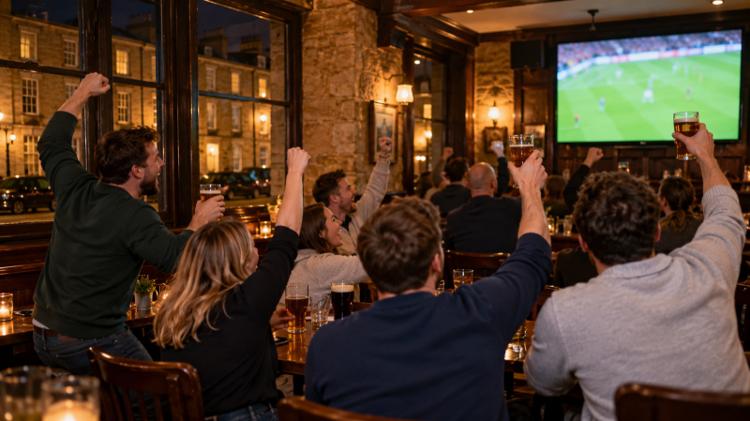 Friends raising pints and cheering at a football match on a big screen in a stone-walled pub, with Georgian terraces outside the window