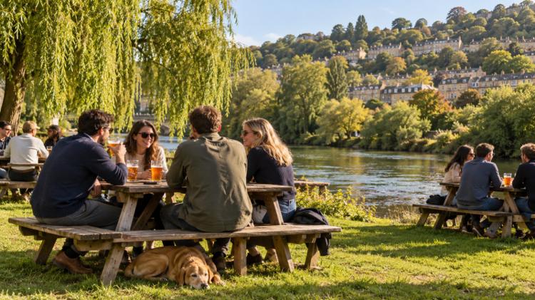 Friends with pints at picnic benches on a riverside lawn in Bath, a dog asleep at their feet and stone terraces on the green hillside beyond