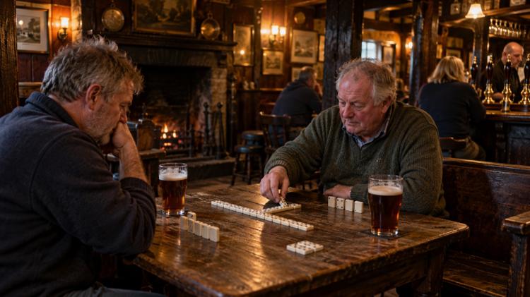 Two men playing dominoes over pints of ale at a worn wooden table in a dark-panelled old pub with a fire burning behind them