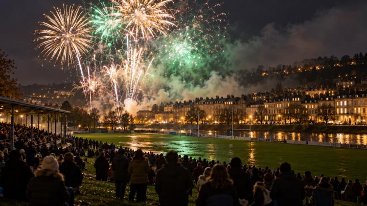 Gold and green fireworks bursting over a floodlit riverside sports ground, with a crowd on the grass and lit Bath stone terraces behind
