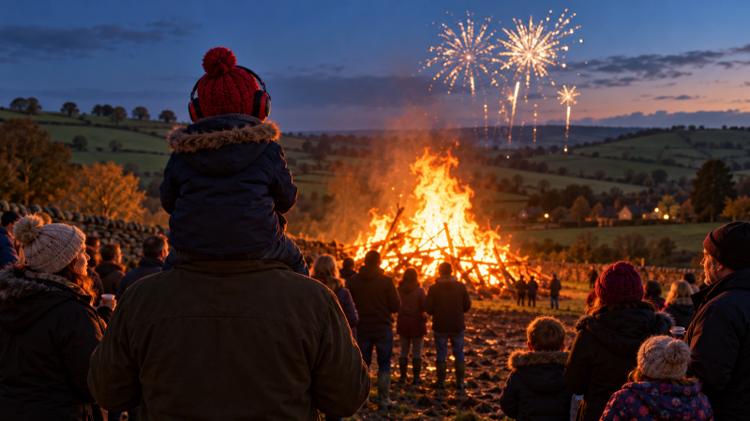 A small child in ear defenders and a red bobble hat on a parent's shoulders, watching a bonfire and fireworks over a farm field at dusk