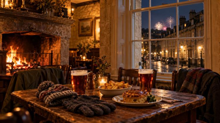 Two pints, chips and a pie on a pub table by an open fire, with a Bath stone street and distant fireworks through a sash window