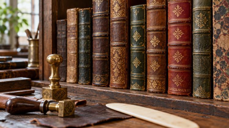 Leather-bound antiquarian books with gilt spines on a shelf beside brass bookbinding tools
