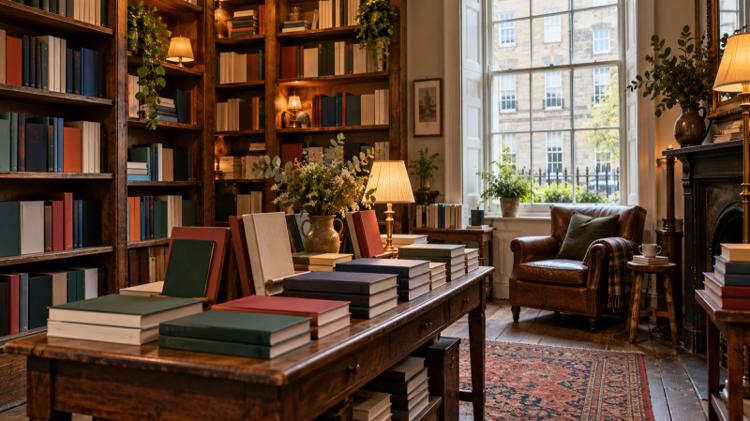 Wooden bookshelves, a table of hardbacks and a leather armchair by a tall sash window in an independent bookshop