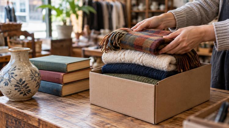 Hands placing a folded scarf on a box of jumpers beside hardback books and a vase on a charity shop counter