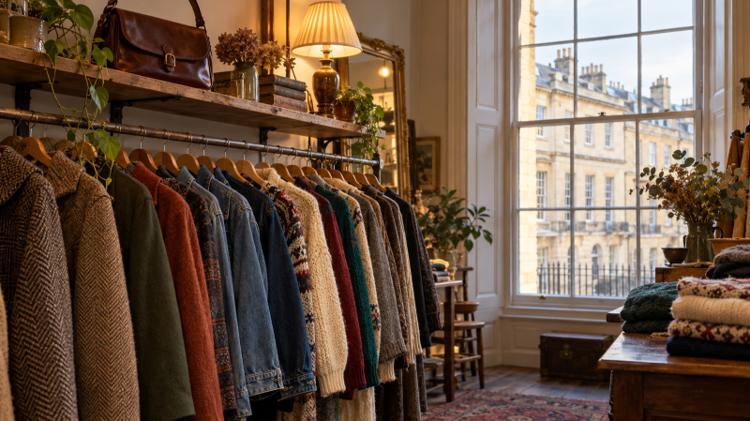 A rail of vintage coats and knitwear inside a small shop with a tall sash window and Bath stone outside