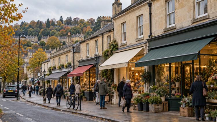 Small shopfronts with awnings along a Bath stone terrace, shoppers on the pavement and a wooded hillside behind
