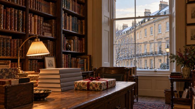 Leather-bound books, a stack of grey hardbacks and a wrapped present on a desk in an old bookshop, with a snowy stone terrace through the sash window