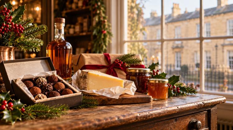 A box of chocolate truffles, a wedge of cheese, a bottle of amber spirit and jars of chutney on a wooden counter by a sash window, with a stone terrace outside