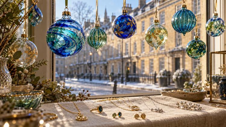 Blue and green blown-glass baubles hanging in a shop window above gold and silver jewellery, with a stone terrace in winter sunshine outside