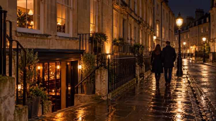 A wet Georgian street of honey-coloured stone at night, with a lit basement bar below the railings and a couple walking past