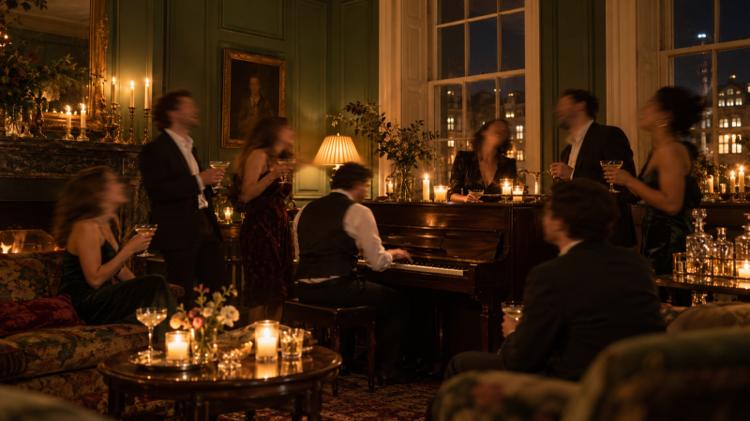 Friends with cocktails singing round an upright piano in a candlelit room with green panelled walls and tall sash windows