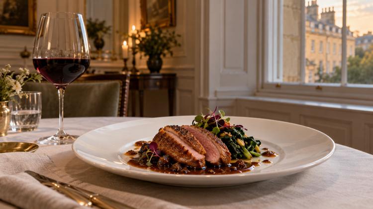 A plate of spiced duck breast with greens and a glass of red wine in a Georgian dining room with a sash window onto Bath stone