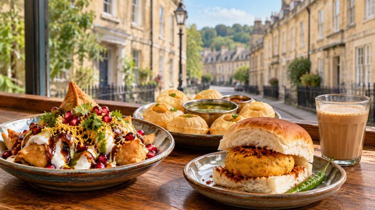 Samosa chaat with pomegranate, pani puri, a spiced potato bun and a glass of chai on a counter by a window onto a Bath stone street