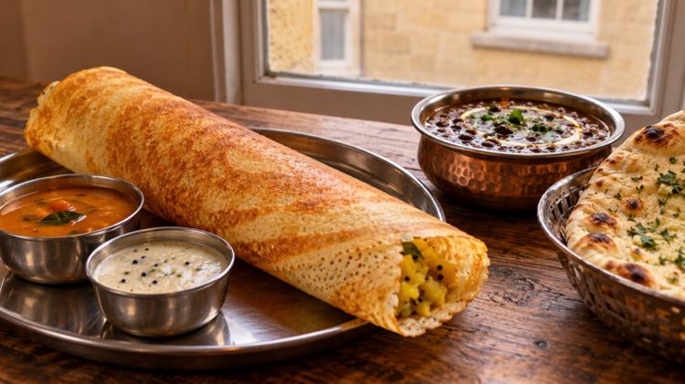 A crisp masala dosa with sambar and coconut chutney, black dal and garlic naan on a wooden table by a window onto Bath stone