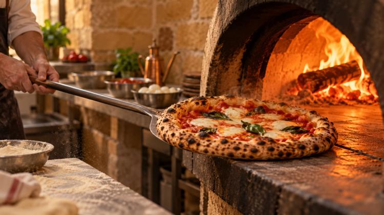 A Neapolitan pizza with a blistered crust slid from a wood-fired oven on a metal peel, in a kitchen with honey-coloured stone walls
