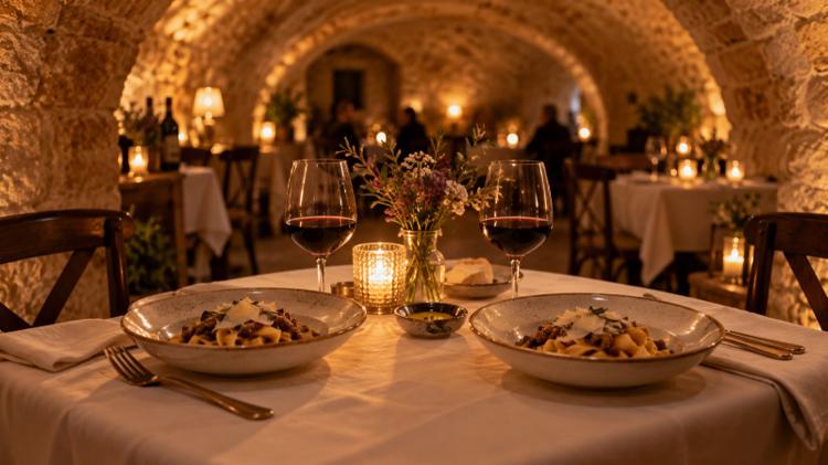 A candlelit table for two with red wine and bowls of pasta in a vaulted cellar dining room of honey-coloured stone