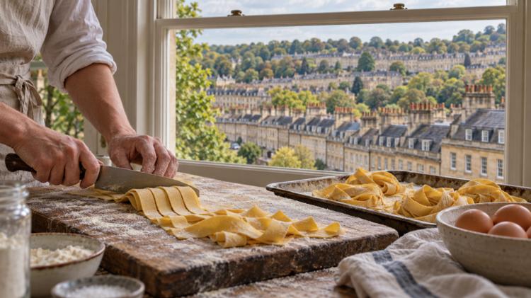Hands cutting fresh pappardelle on a floured board by a sash window, with honey-coloured stone terraces on a green hillside outside
