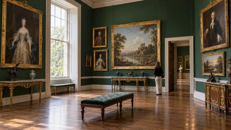 A Georgian museum gallery with green walls hung with gilt-framed portraits and landscapes, and a visitor looking at a painting