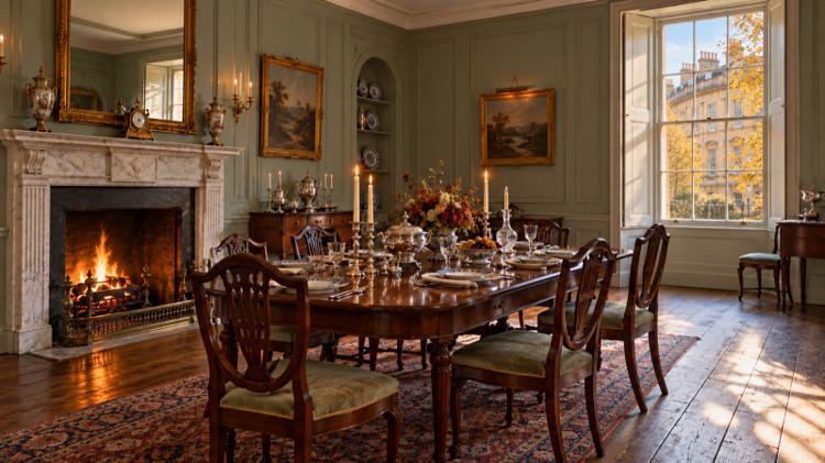 A late 18th-century dining room laid with china, silver and candles beside a marble fireplace and a tall sash window