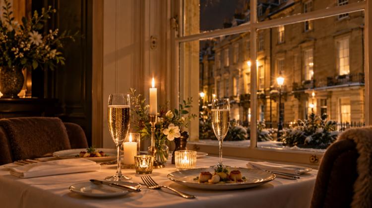 A candlelit dinner table with glasses of sparkling wine on a winter night, by a tall sash window looking out on honey-coloured stone