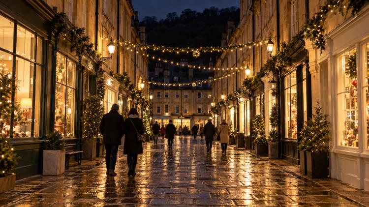 A Georgian street of honey-coloured stone at night, with festive lights strung between lamp posts and figures in winter coats walking on wet paving