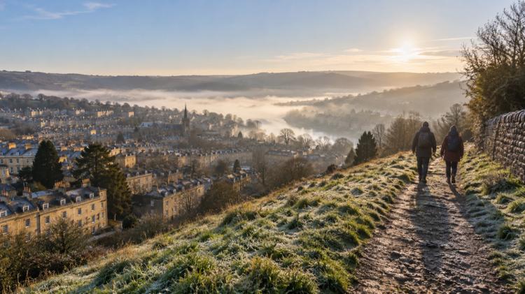 Walkers in winter coats on a frosty hillside path above a city of honey-coloured stone, with mist over the river valley below