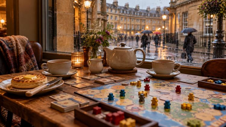 A pot of tea, a buttered bun and a board game on a café table beside a rain-streaked window onto a Georgian street