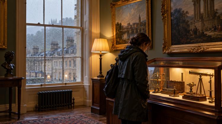 A visitor in a wet raincoat looking at brass telescopes in a lamplit display case beside a rain-streaked Georgian window in Bath