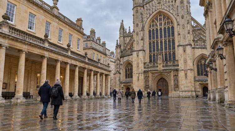 Visitors in winter coats crossing the wet flagstones of Abbey Church Yard in Bath on a grey morning, with Bath Abbey and a stone colonnade