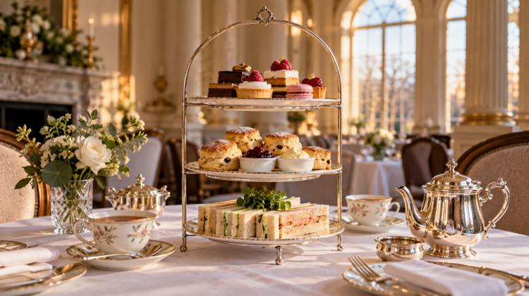 Afternoon tea for two on a three-tier stand in a grand Georgian dining room with tall arched windows