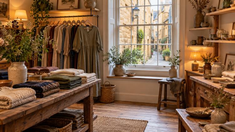 Inside a small independent shop with folded knitwear on wooden tables, a rail of dresses and a tall sash window onto a stone lane