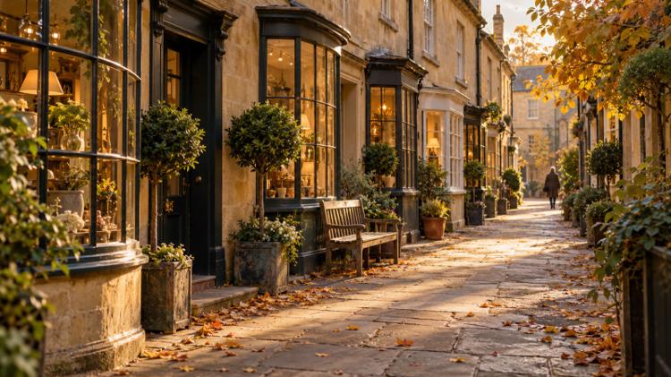 A short pedestrian lane of small Georgian shopfronts in honey-coloured stone, with bay windows, potted bay trees and a bench