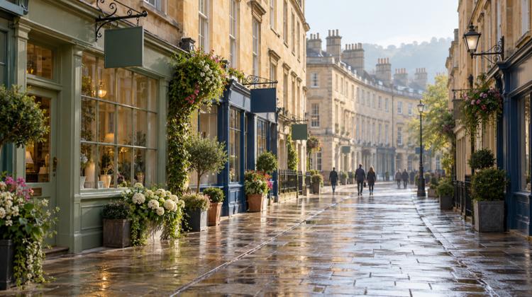A quiet Georgian shopping street of honey-coloured stone with painted shopfronts, hanging signs and a few shoppers in soft morning light