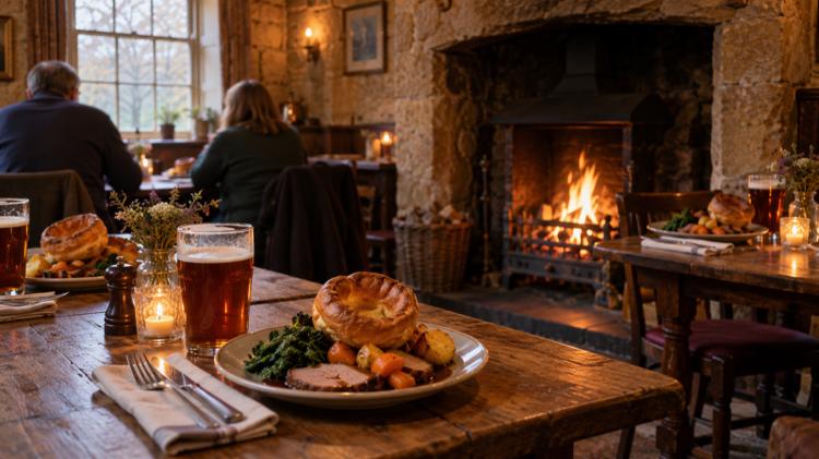 Plates of roast dinner with Yorkshire puddings and pints of ale on wooden tables beside a log fire in a stone-walled pub