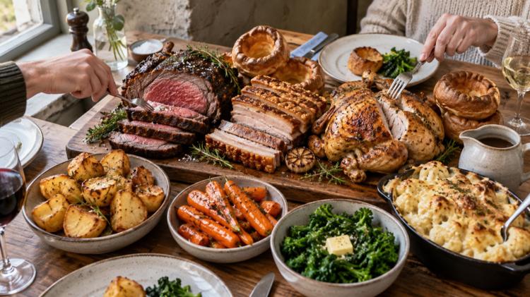 A wooden board of roast beef, pork belly with crackling and roast chicken with Yorkshire puddings, carrots, greens and cauliflower cheese