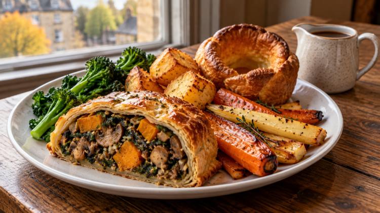A slice of mushroom, spinach and squash Wellington with roast potatoes, carrots, parsnips, greens and a Yorkshire pudding