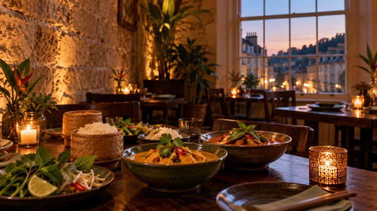 Bowls of Thai curry, sticky rice baskets and fresh herbs on a candlelit table beside a Bath stone wall, with a Georgian terrace through the sash window