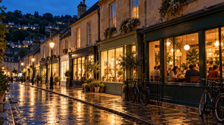 A row of lit Bath stone shopfronts on a wet neighbourhood street at dusk, with diners in a restaurant window and houses on the green hillside behind