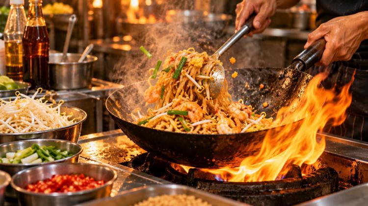 A chef's hands tossing prawn pad Thai in a flaming wok, with bowls of beansprouts, spring onion and chopped chilli on the steel counter
